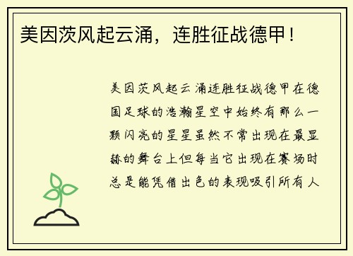 美因茨风起云涌，连胜征战德甲！